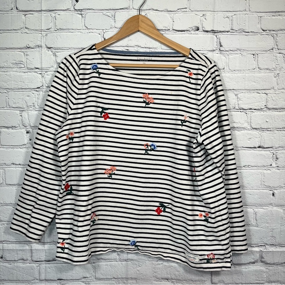 Talbots Authentic Womens Petite Navy White Stripe Floral Embroidered Shirt